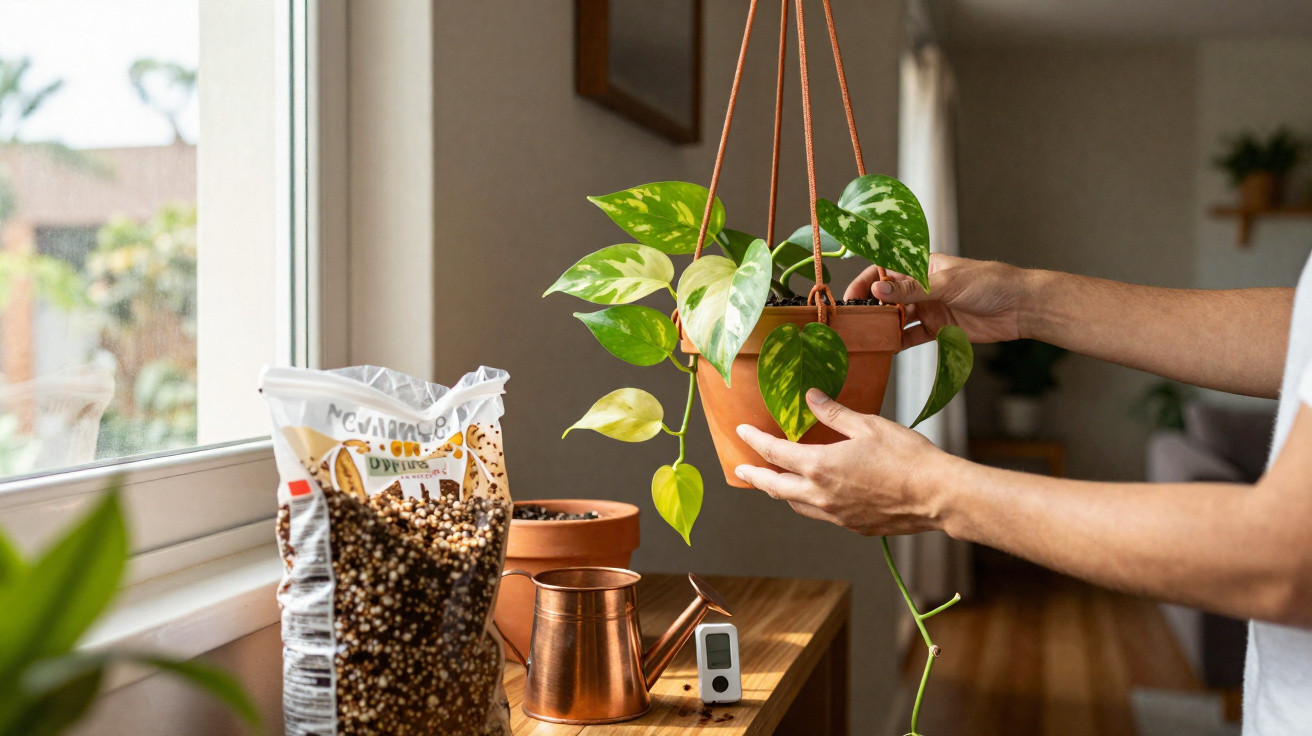 Pessoa cuidando de planta pendurada em vaso de barro em ambiente interno próximo a janela.