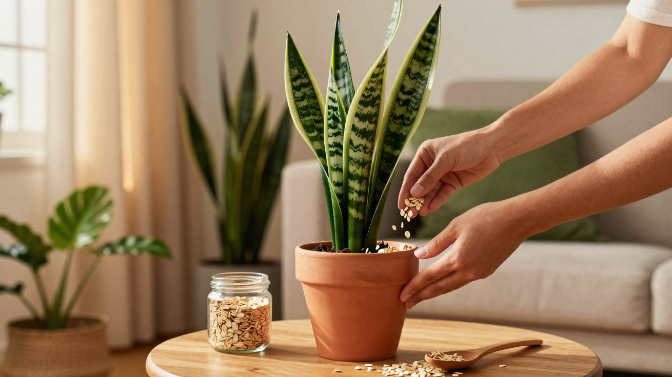 Mãos espalhando sementes em vaso com planta suculenta sobre mesa de madeira em sala iluminada.