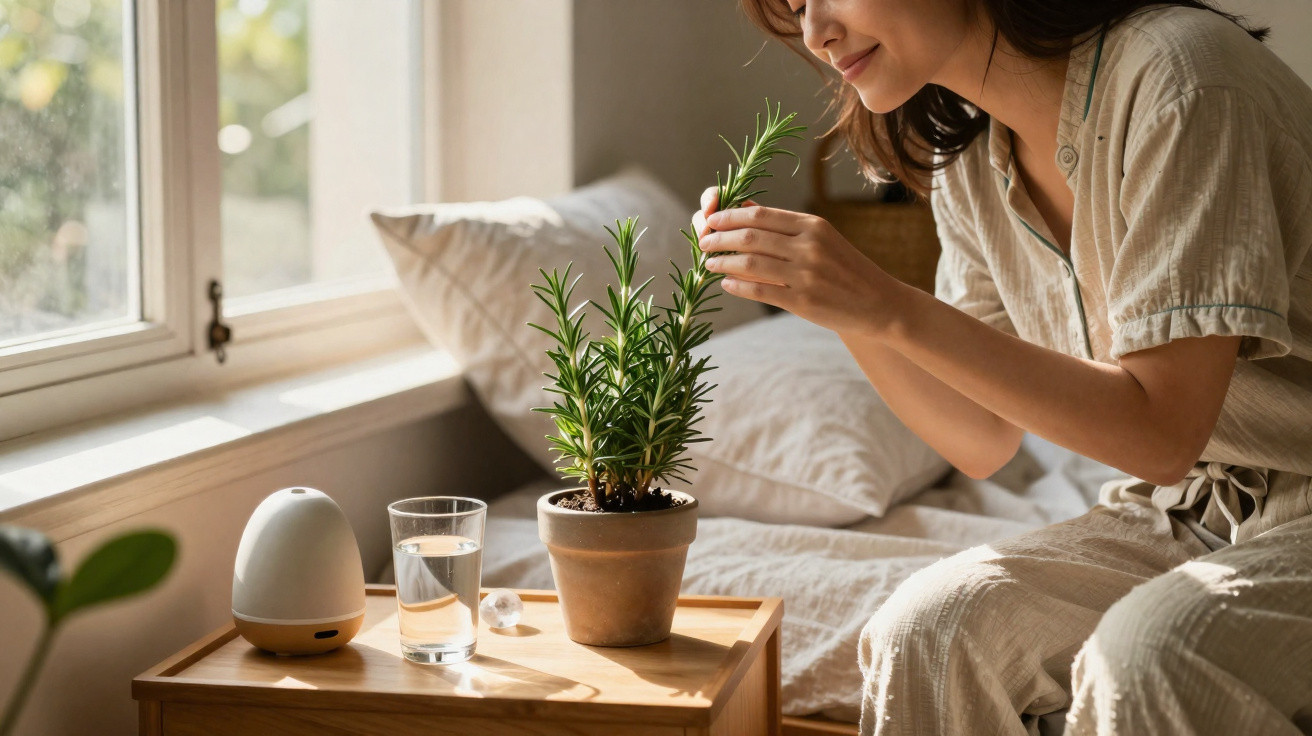 Mulher cuidando de planta em vaso sobre mesa ao lado de cama, com copo d'água e difusor.
