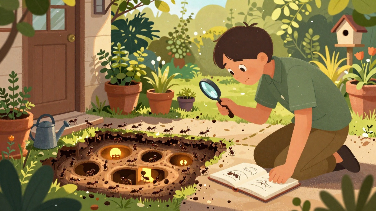 Criança observa formigas com lupa perto de formigueiro no jardim, com livro e plantas ao redor.