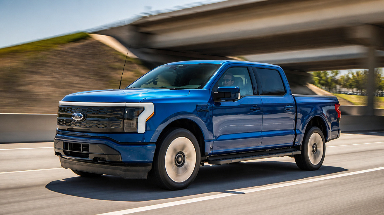 Caminhonete elétrica azul Ford F-150 Lightning trafegando em estrada sob viaduto em dia claro.