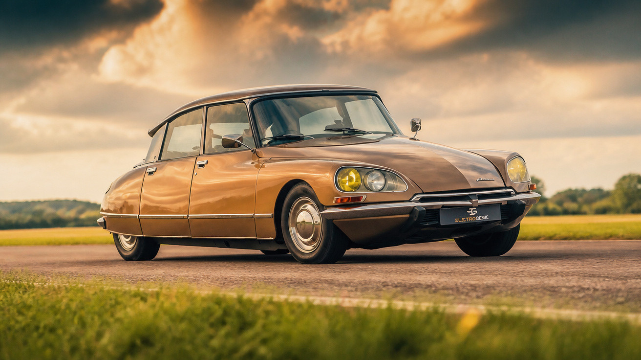 Carro clássico Citroën DS marrom estacionado em estrada com céu nublado ao fundo.