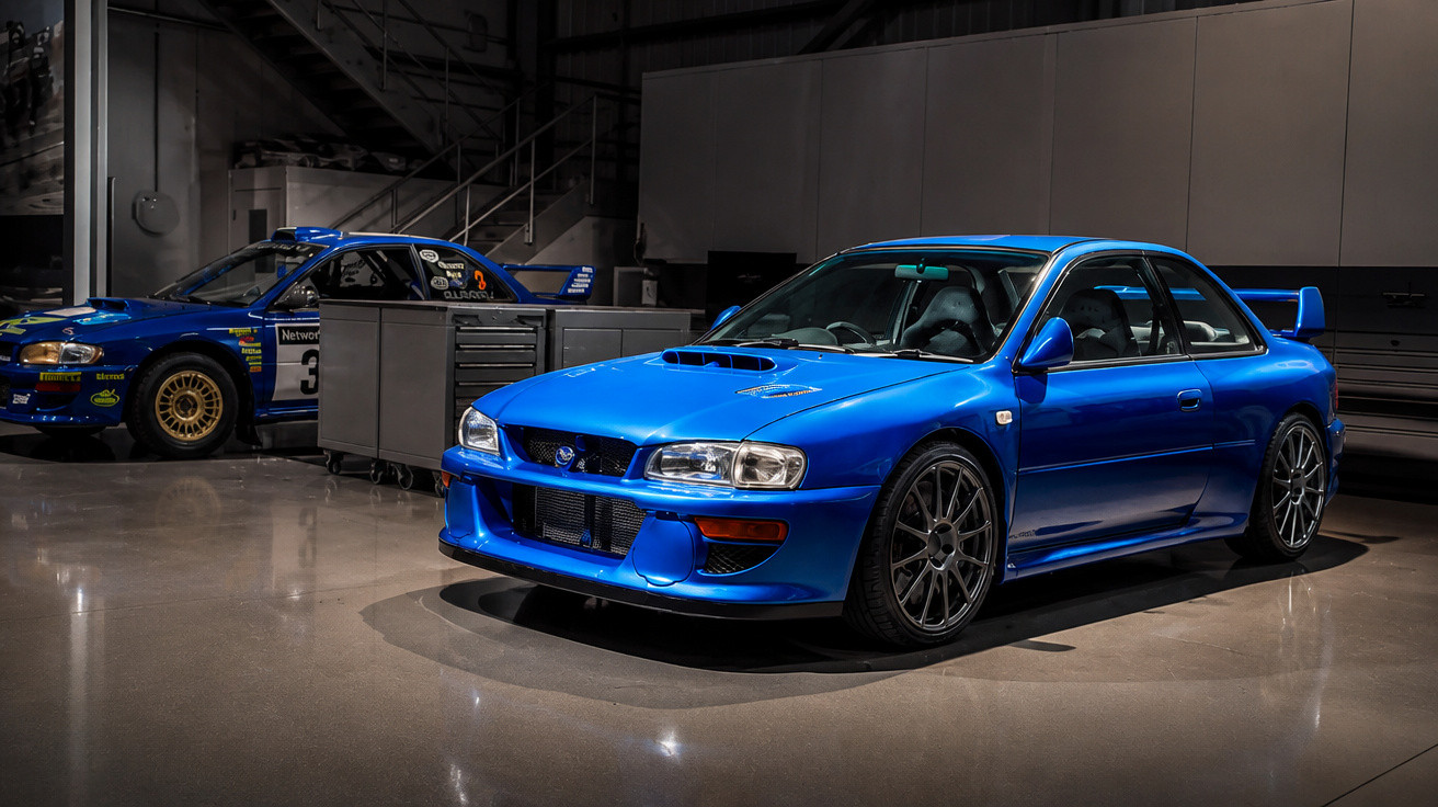 Carro esportivo azul, Subaru Impreza, em garagem com outro carro de corrida azul ao fundo.