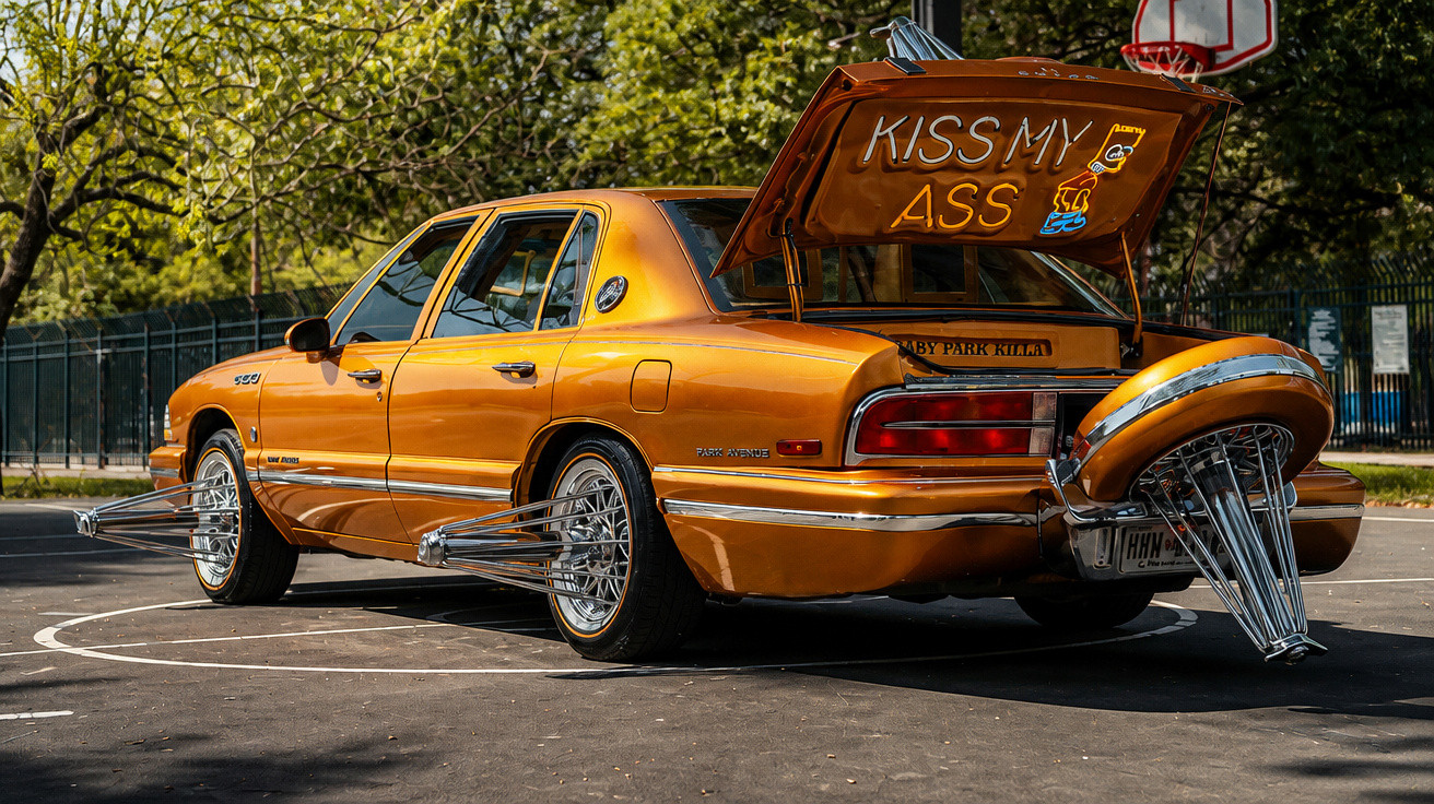 Carro dourado com rodas customizadas e suporte na traseira, porta-malas aberto com mensagem "KISS MY ASS".