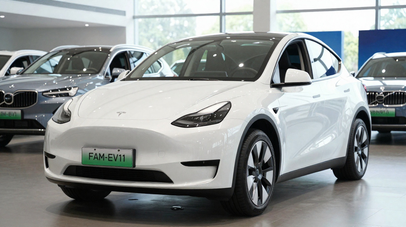 Carro elétrico branco Tesla Model Y em exposição em showroom moderno com outros veículos ao fundo.