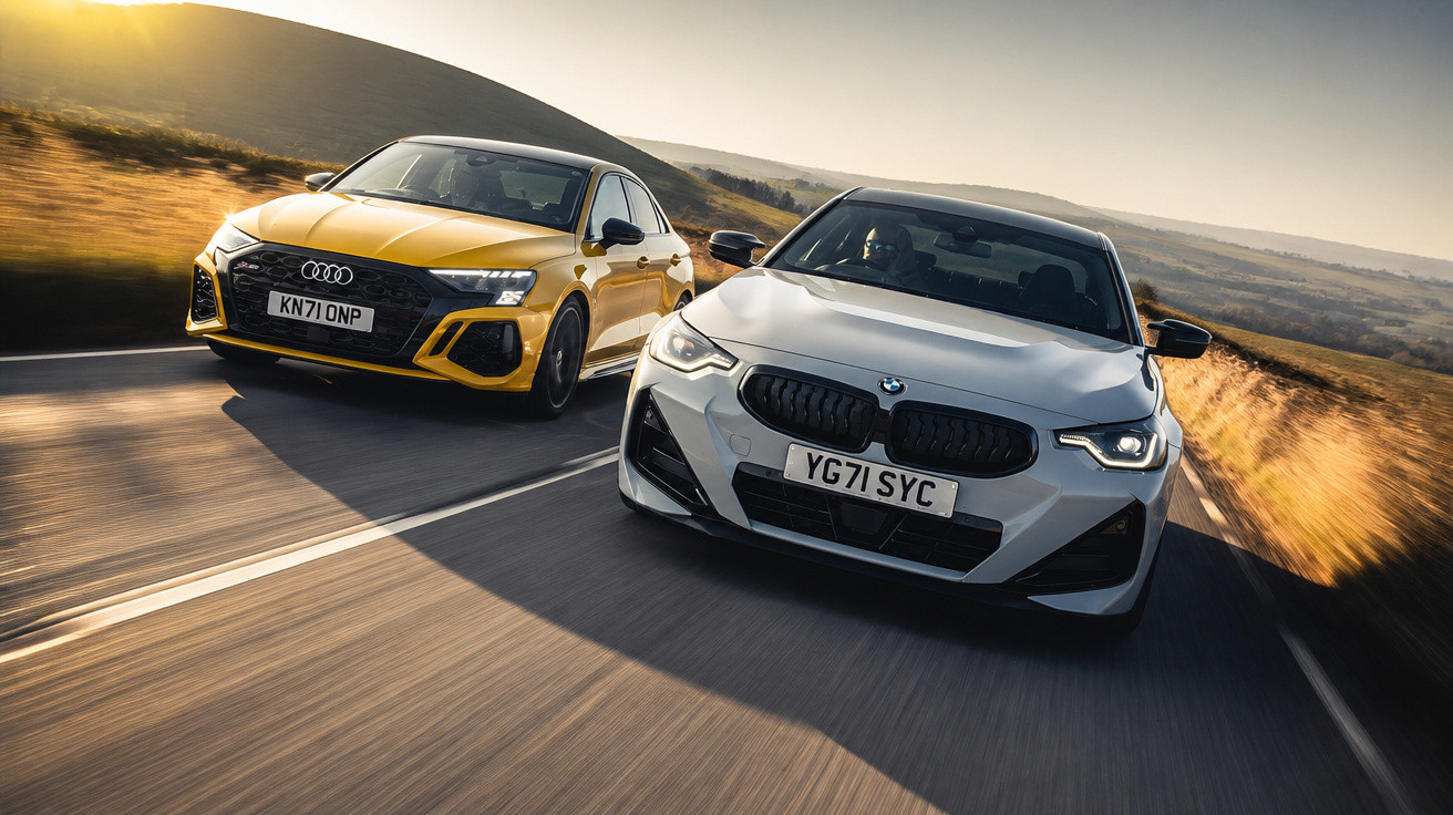 Dois carros esportivos, um branco BMW e um amarelo Audi, em estrada sinuosa com colinas ao fundo ao entardecer.