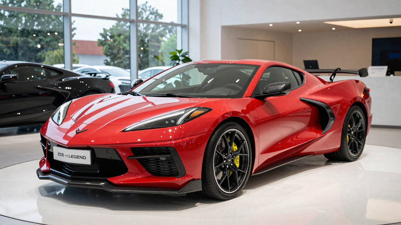 Carro esportivo vermelho Chevrolet Corvette Z06 V8 Legend em showroom moderno.