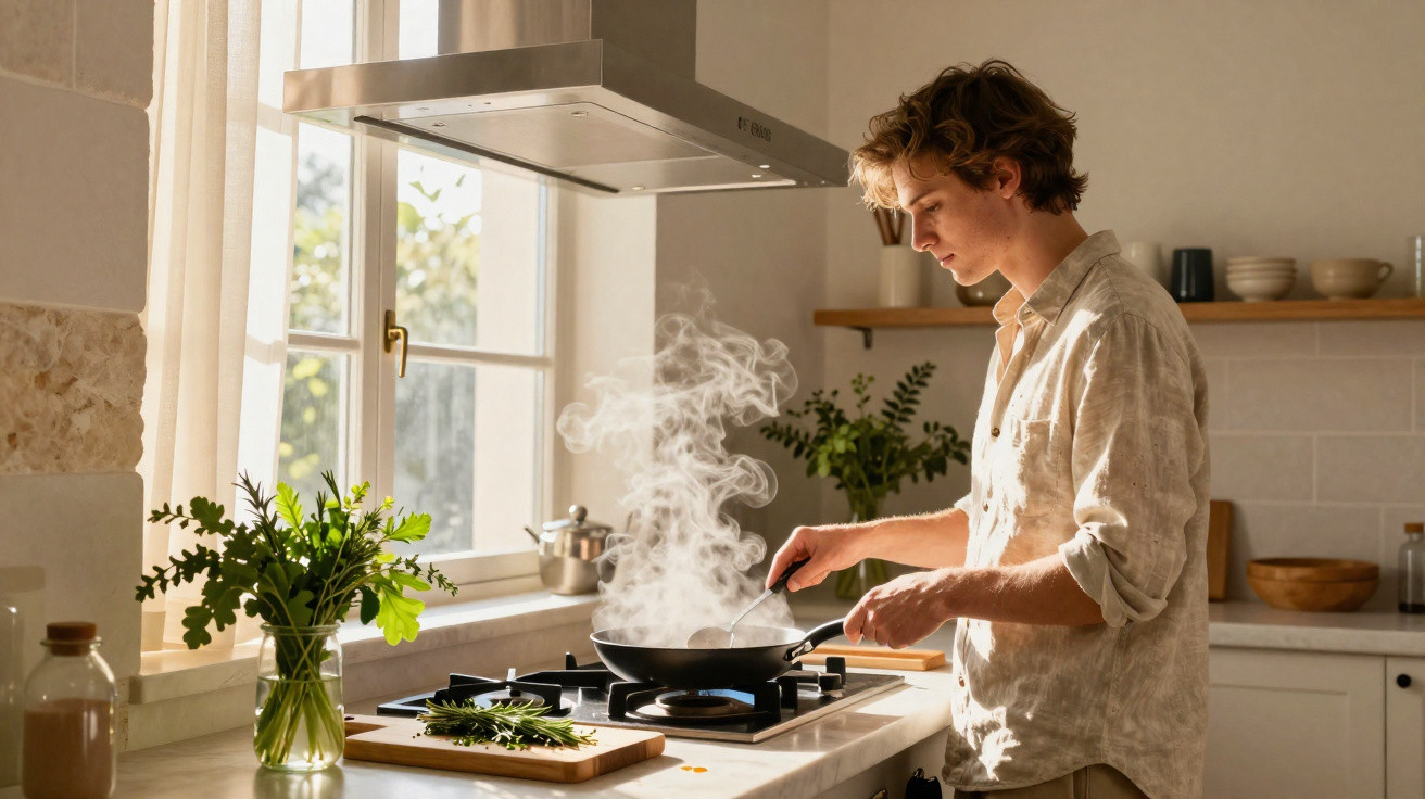 Jovem cozinha em fogão a gás em cozinha clara com luz natural e plantas decorativas na bancada.