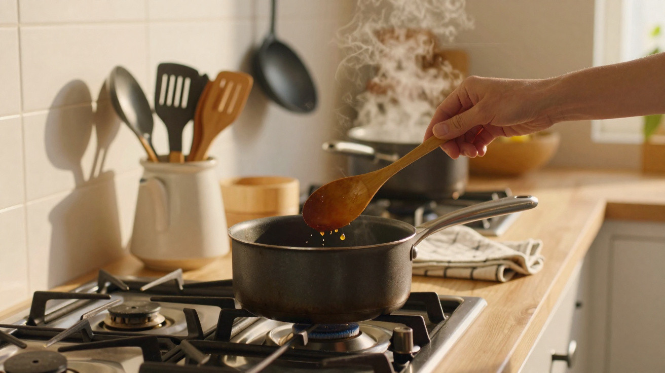 Mão mexendo panela no fogão a gás com utensílios de cozinha ao fundo em bancada de madeira clara.