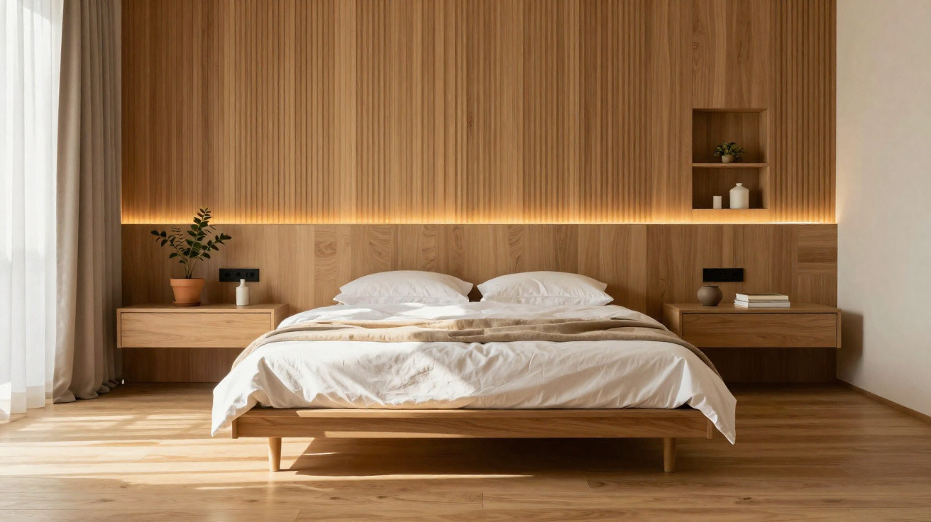 Quarto minimalista com cama de madeira, luz indireta e cabeceira com detalhes em ripado de madeira.