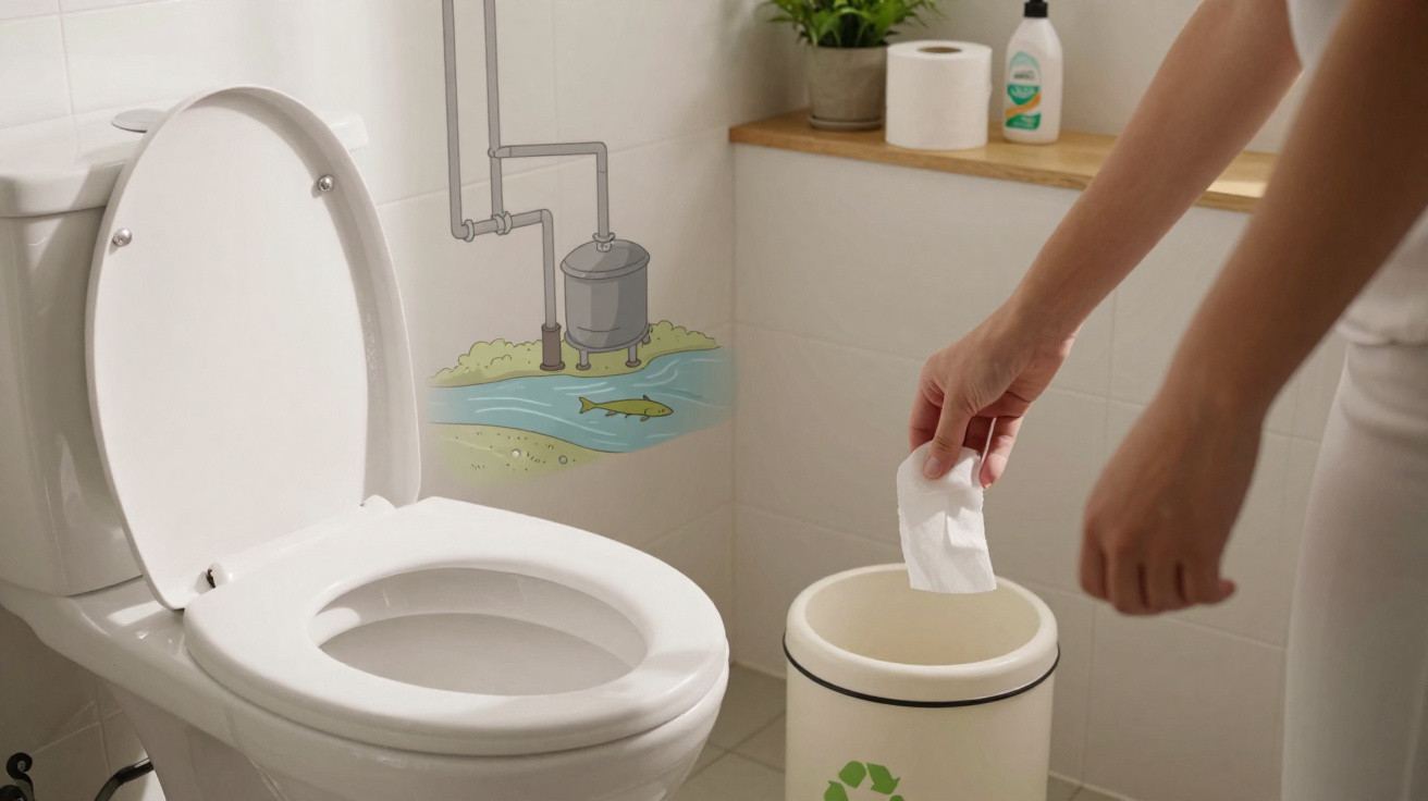 Pessoa descartando papel em lixeira de banheiro, vaso sanitário aberto e ilustração de tratamento de água na parede.