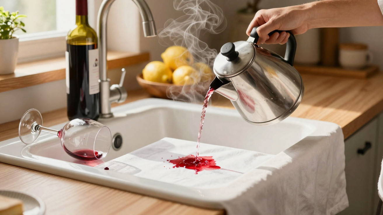 Pessoa despejando água quente de chaleira em toalha branca para tirar mancha de vinho tinto na pia da cozinha.