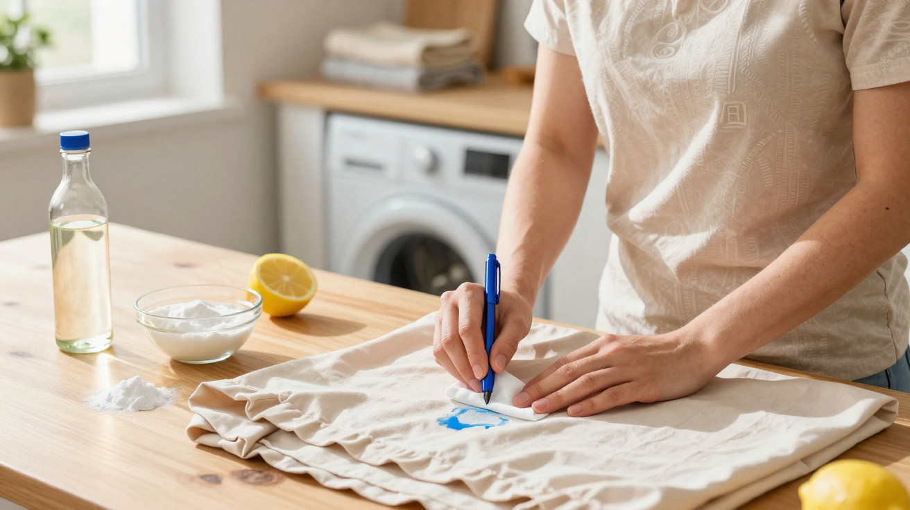 Pessoa usando caneta para remover mancha azul de camiseta clara sobre mesa com ingredientes caseiros.