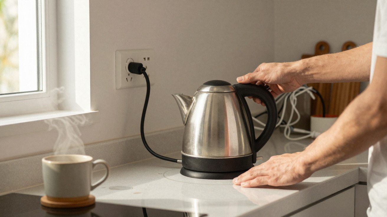 Pessoa segurando chaleira elétrica em bancada de cozinha com xícara de café fumegante ao lado.