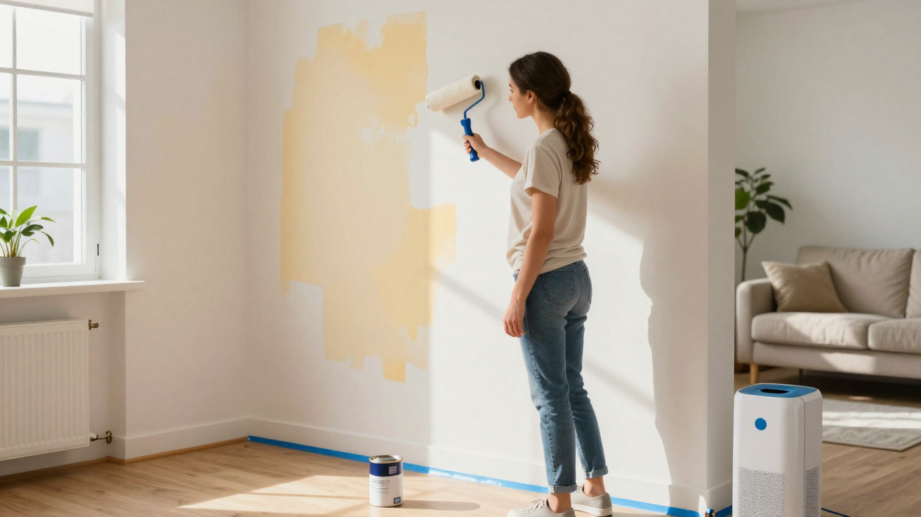 Mulher pintando parede interna de branco com rolo em sala com piso de madeira e móvel cinza.