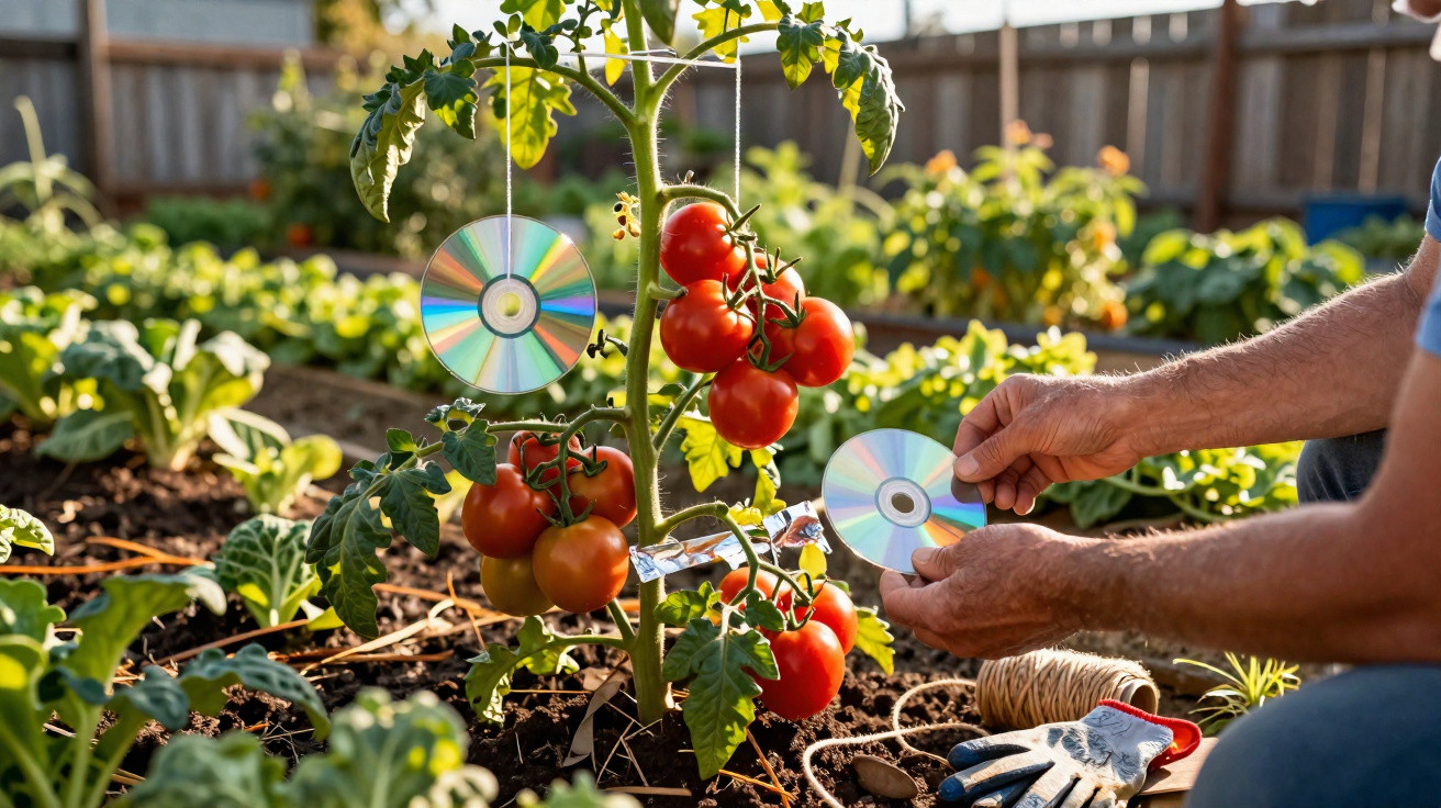 Pessoa pendura CDs em planta de tomateiras para proteger frutas em jardim ensolarado.