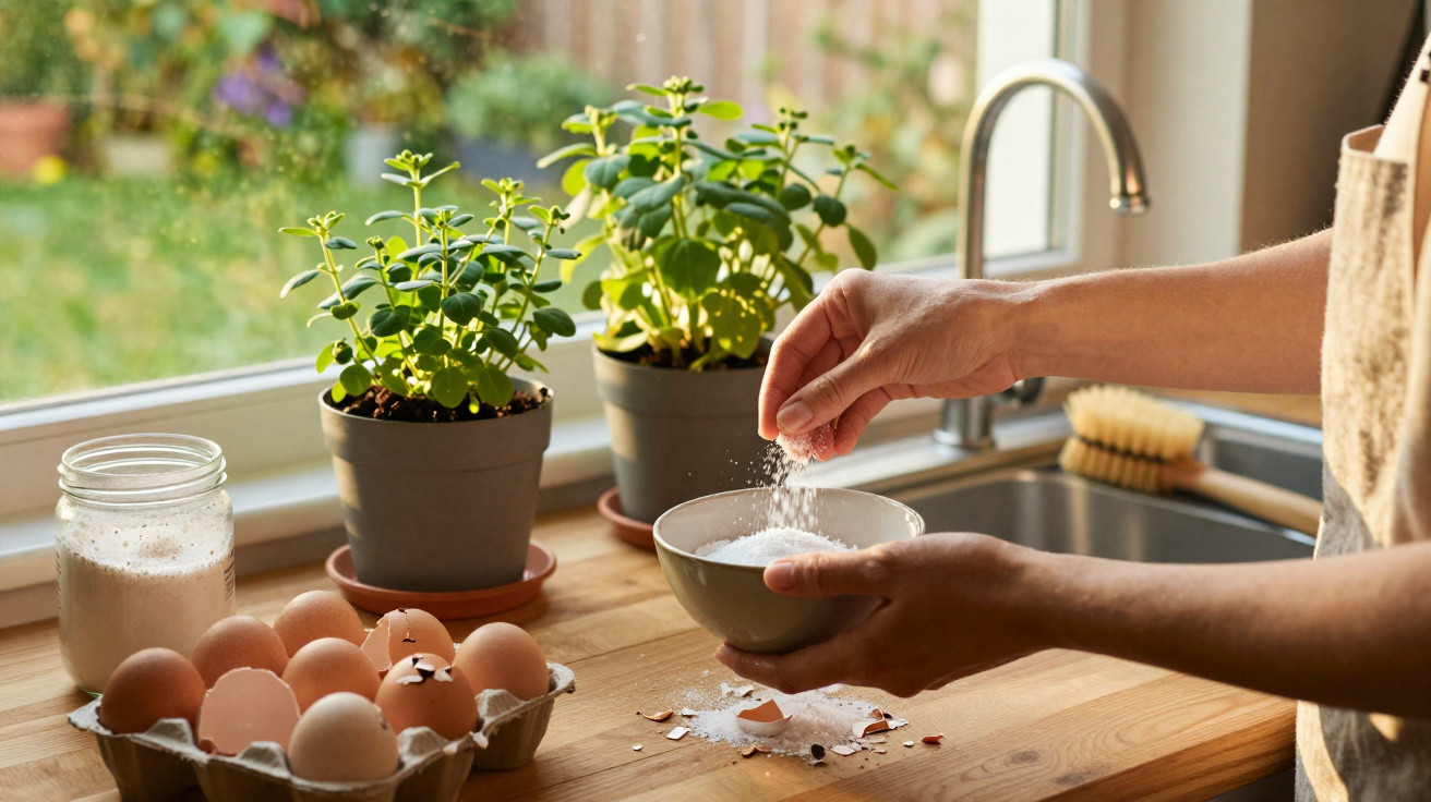 Mãos adicionam sal a uma tigela na bancada da cozinha com ovos, plantas e jarra ao fundo perto da janela.