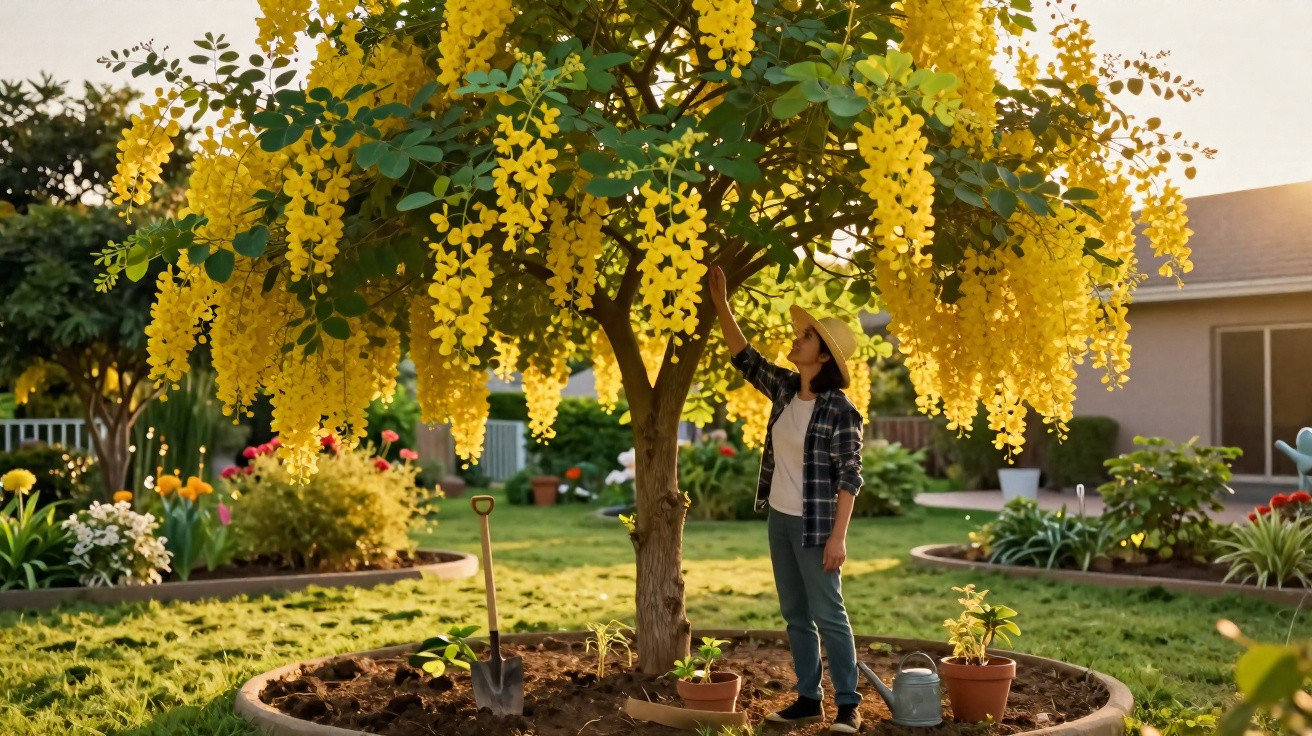 Pessoa cuidando de árvore de flores amarelas em jardim, com regador, pá e plantas ao redor.