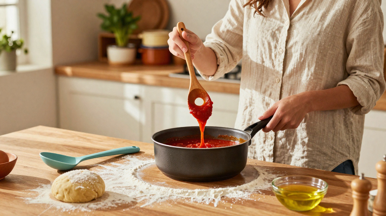 Pessoa mexendo molho de tomate em panela na cozinha com massa de pão e azeite na bancada de madeira.