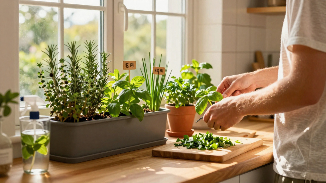Pessoa colhendo ervas frescas em uma cozinha ensolarada com plantas em vasos na janela.