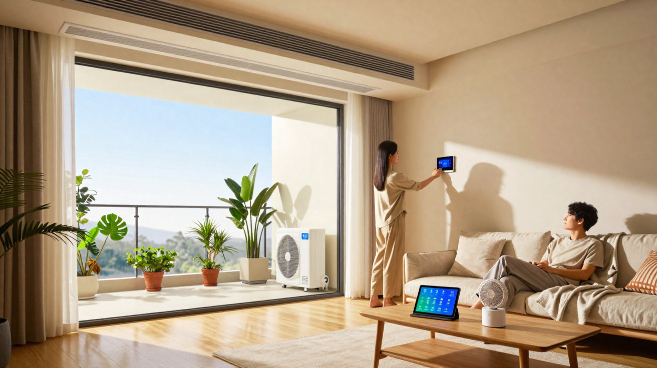 Sala de estar com ar-condicionado, plantas na varanda e pessoas controlando temperatura por painel digital.