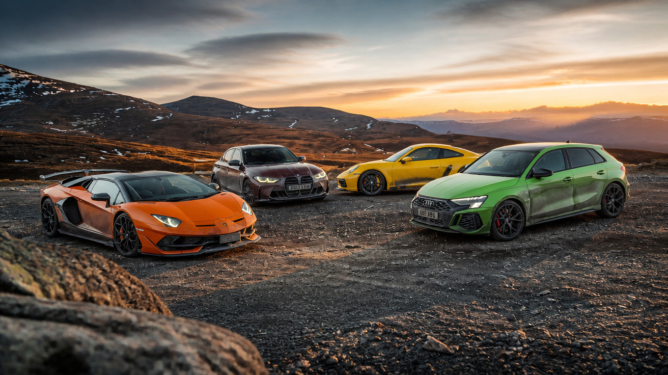 Quatro carros esportivos coloridos estacionados na montanha ao pôr do sol com céu dramático ao fundo.