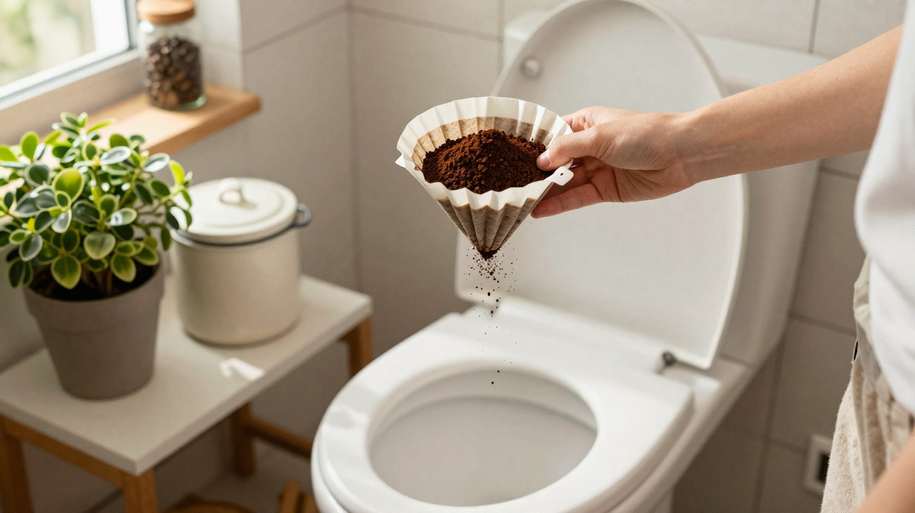 Pessoa despejando borra de café usada em filtro sobre vaso sanitário branco aberto em banheiro.