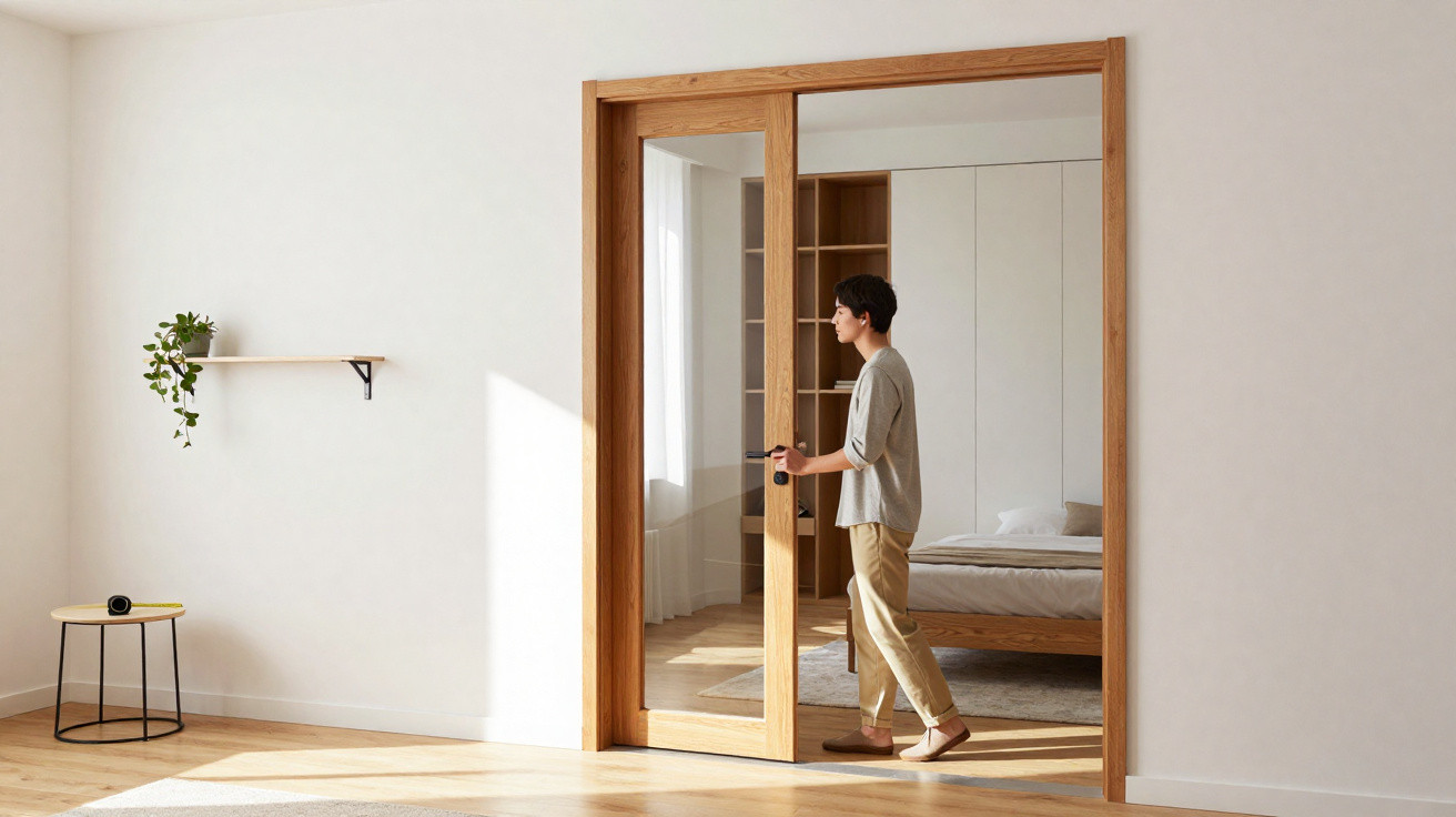 Pessoa abrindo porta deslizante de madeira para entrar em quarto iluminado e minimalista.