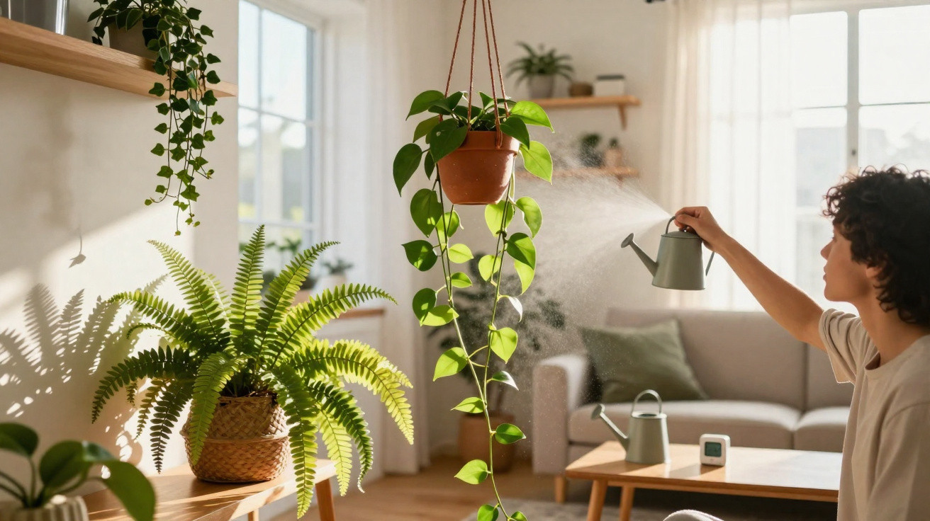 Pessoa regando planta pendurada em vaso em sala de estar iluminada com plantas e decoração aconchegante.