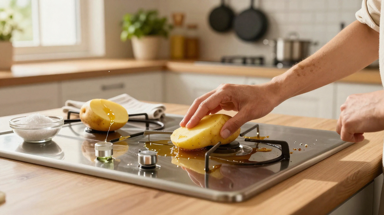 Mão esfregando batata com óleo em fogão a gás para limpar manchas.