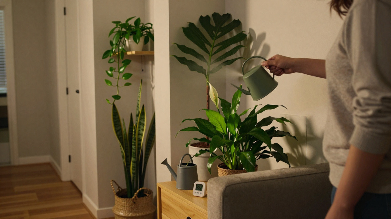 Pessoa regando plantas verdes em sala aconchegante com móveis claros e piso de madeira.