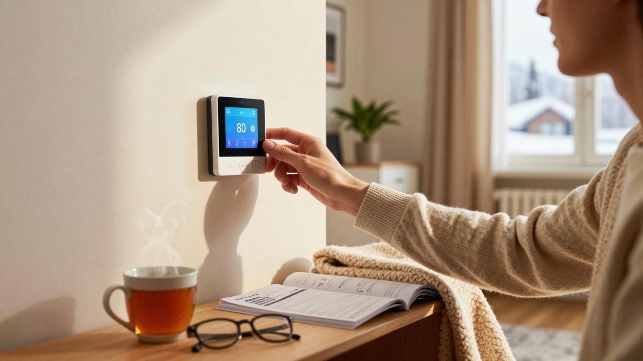 Pessoa ajustando termostato digital em sala com xícara de chá, óculos e livro aberto sobre mesa de madeira.