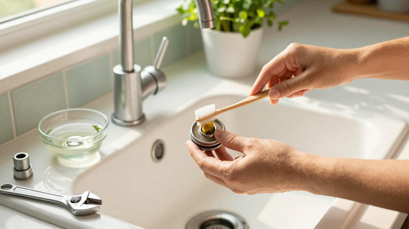 Pessoa escova peça metálica pequena na pia da cozinha com torneira e chave inglesa ao lado
