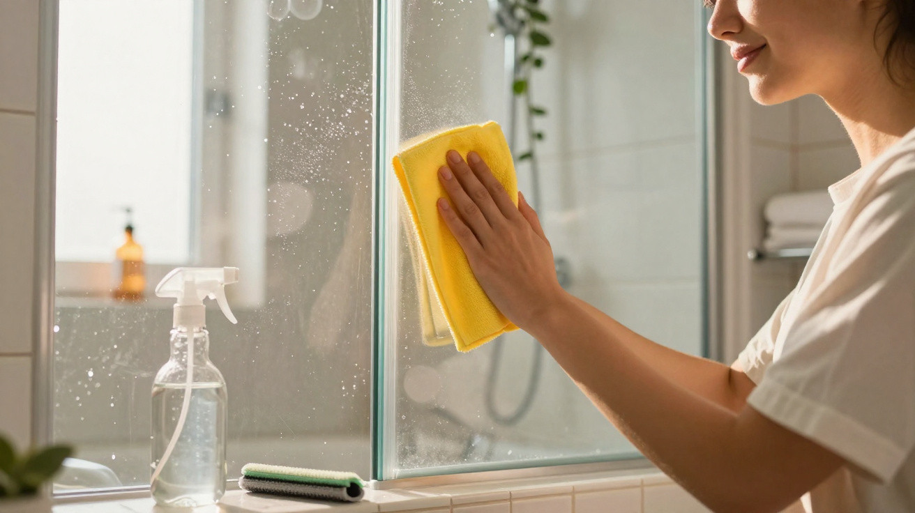 Mulher limpando espelho do banheiro com pano amarelo e borrifador transparente ao lado.