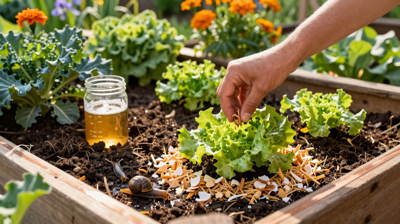 Mão cuidando de alface em horta com cobertura orgânica, pote com líquido e flores ao fundo.
