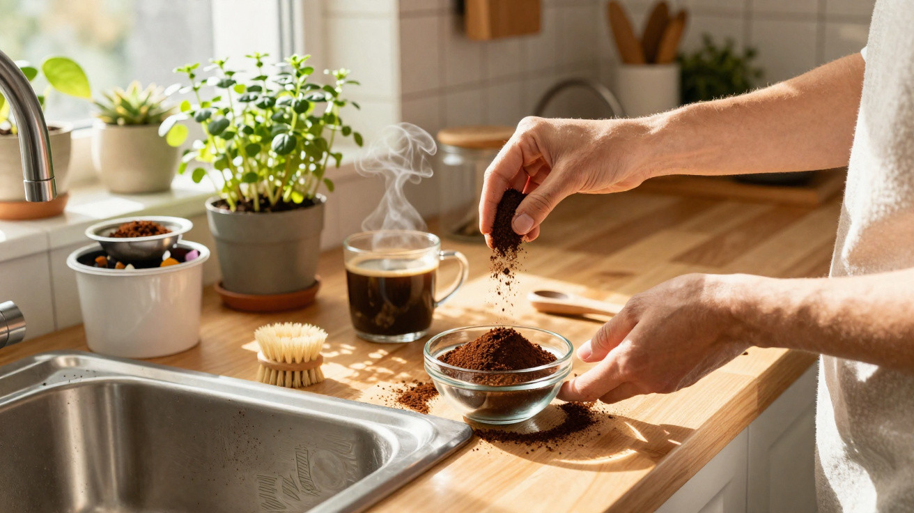 Pessoa preparando café com pó em tigela de vidro em cozinha iluminada por luz natural