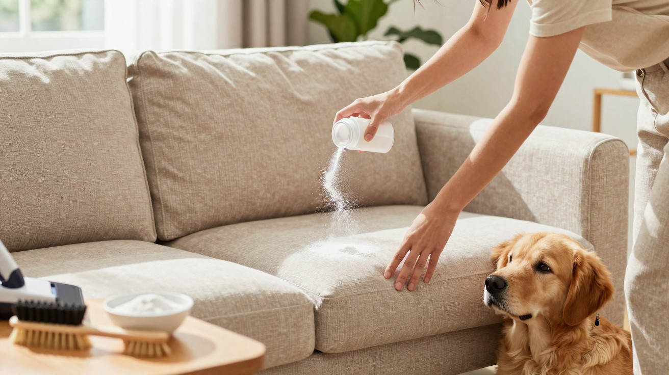 Pessoa aplicando pó sobre sofá claro enquanto cachorro observa atento em sala iluminada