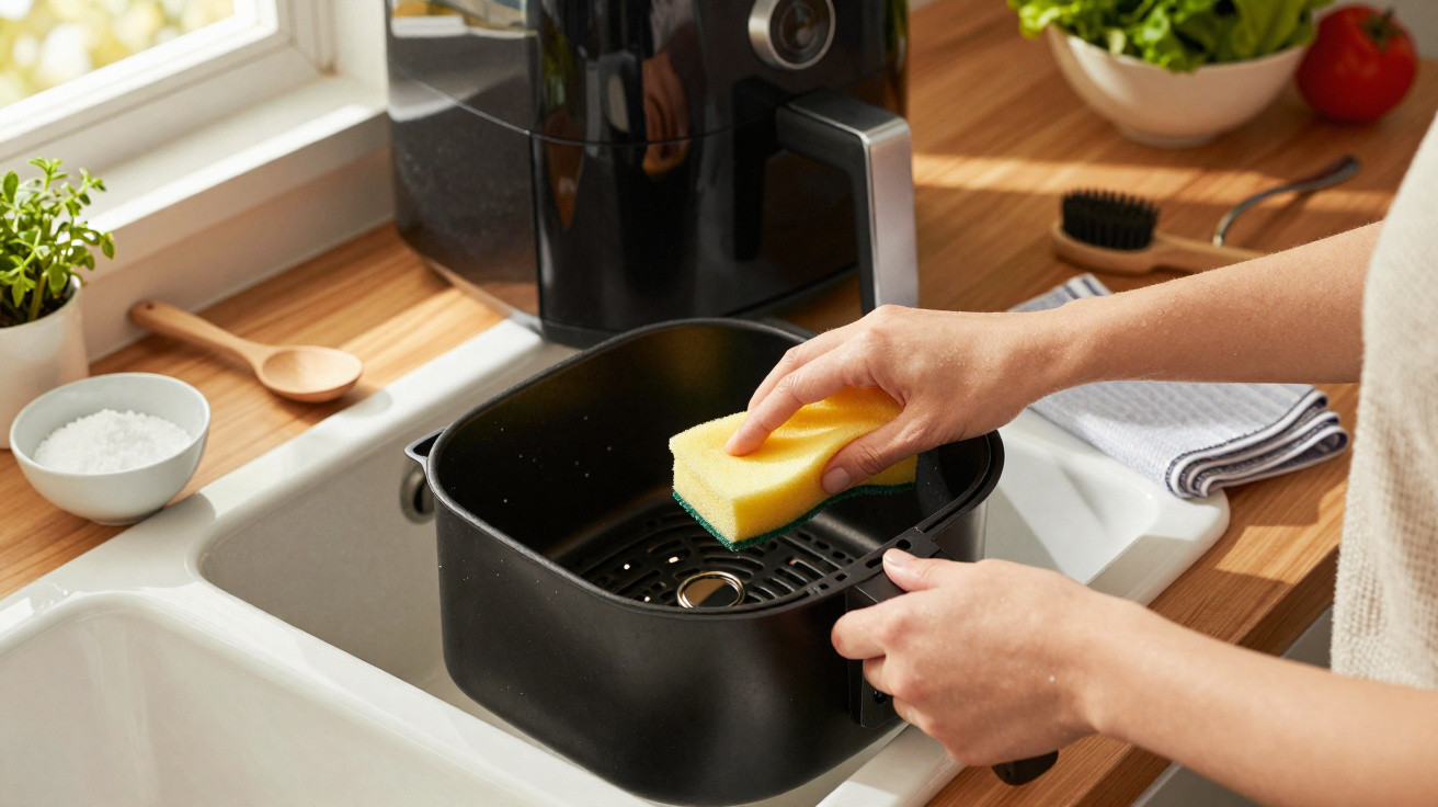 Pessoa lavando cesta de fritadeira elétrica com esponja na pia da cozinha.