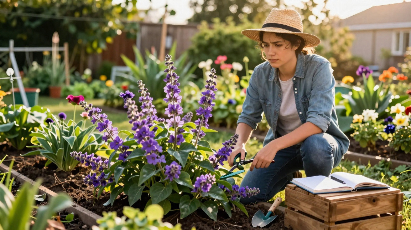 Jovem mulher de chapéu cuidando de flores roxas em jardim com ferramentas e caderno ao lado.