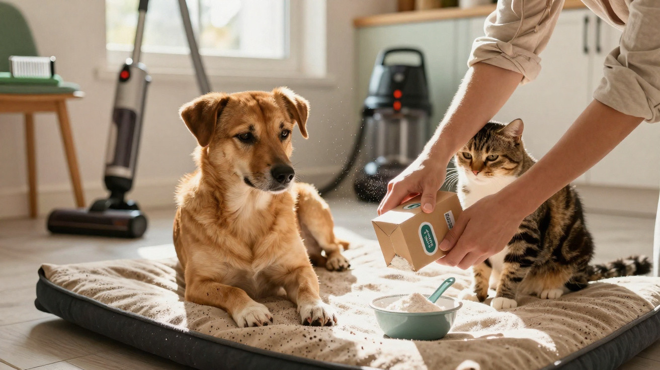 Cão e gato em cama, pessoa despejando farinha em tigela na sala iluminada.