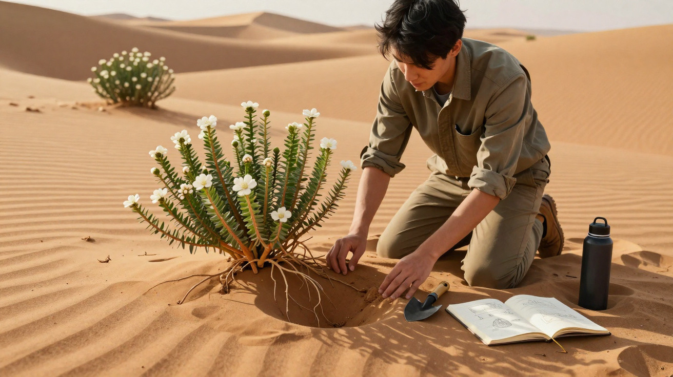 Pessoa ajoelhada no deserto estudando planta com flores brancas ao lado de livro aberto e garrafa.
