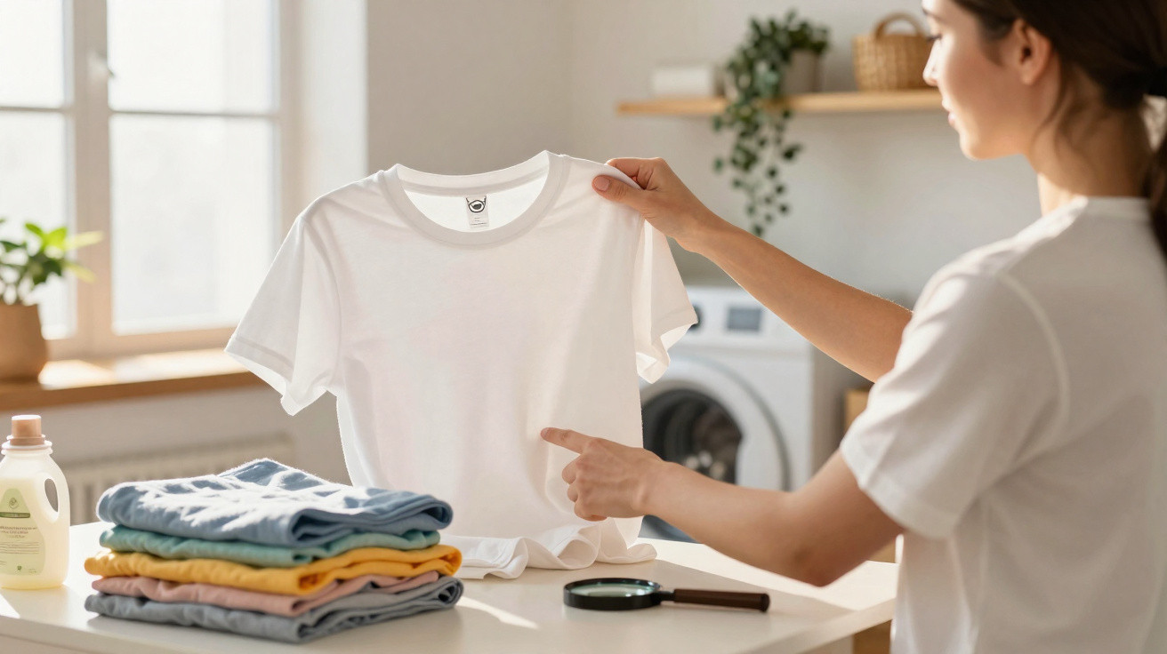 Mulher inspecionando camiseta branca após lavagem, com roupas dobradas e máquina de lavar ao fundo.