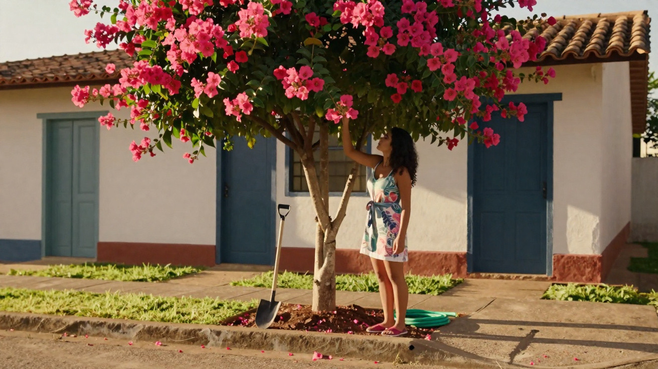 Mulher em vestido branco colhendo flores de árvore florida perto de casa colonial com portas azuis.