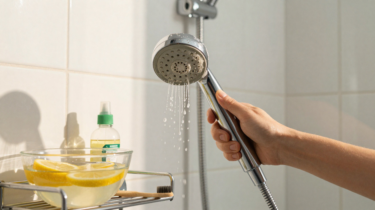 Mão segurando chuveiro com água pingando em banheiro com saboneteira contendo limões e escova.