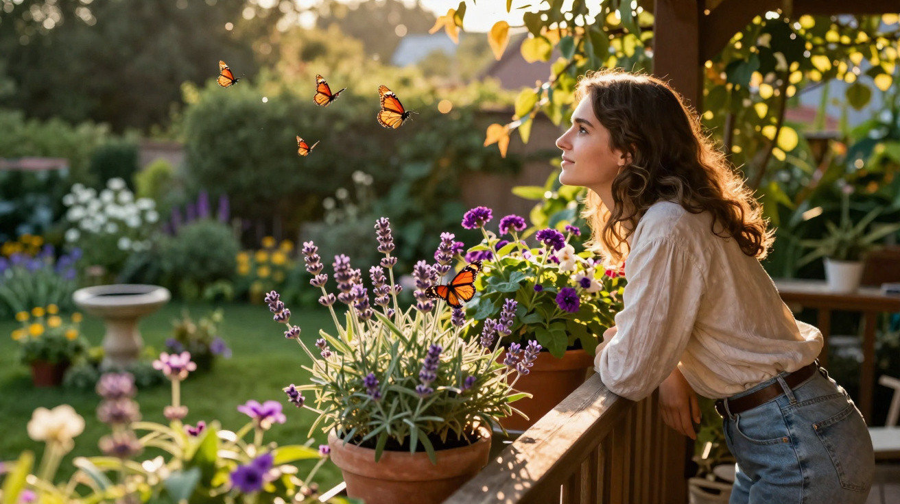 Mulher observa borboletas voando sobre vaso com flores em varanda ensolarada de jardim.