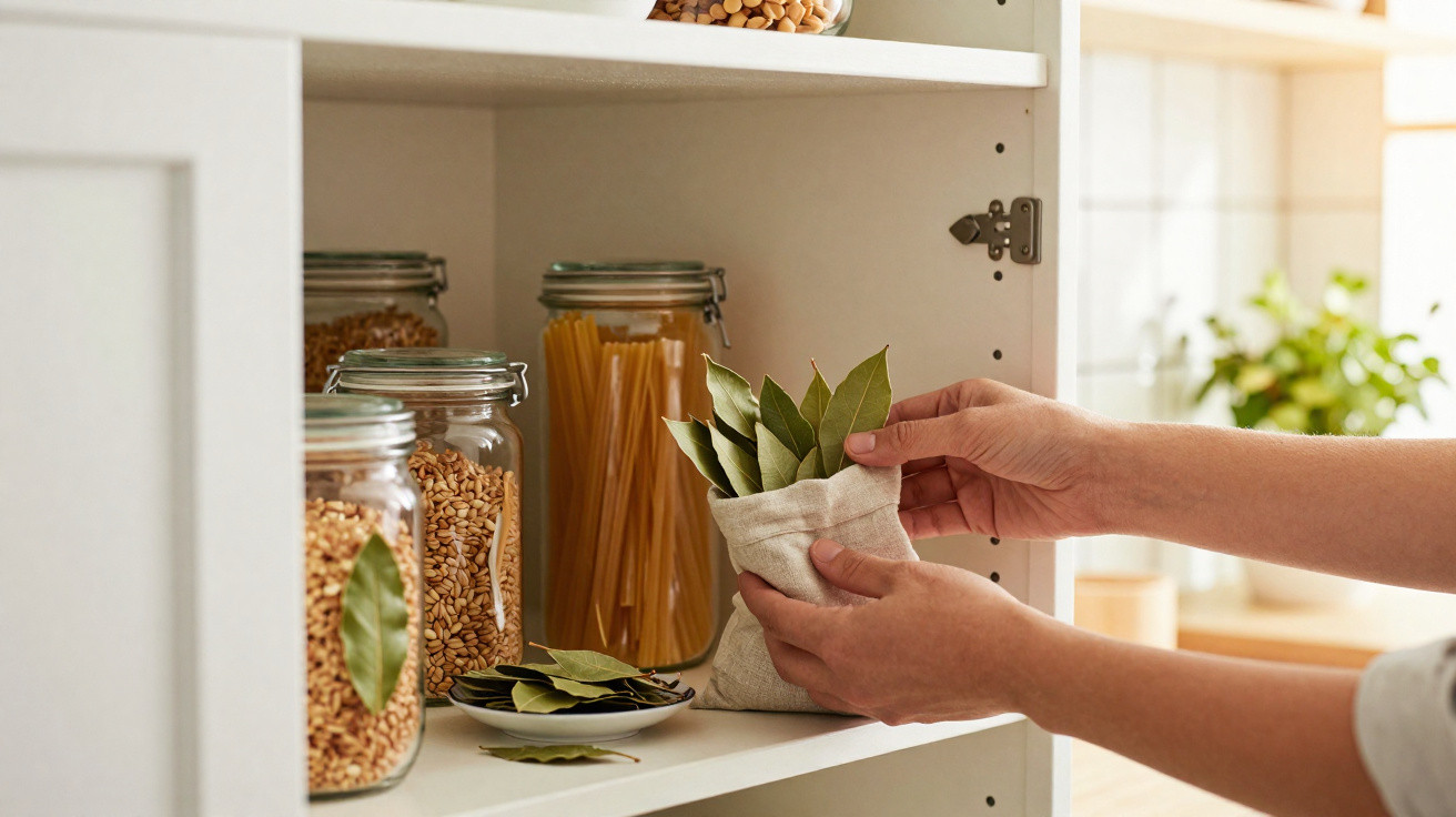Mãos organizando folhas de louro em sachê dentro de armário com potes de vidro e alimentos.