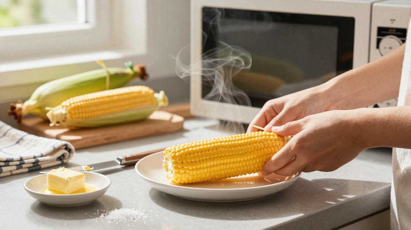 Mãos seguram espiga de milho quente com vapor, ao lado de manteiga, sal e milho cru na cozinha.