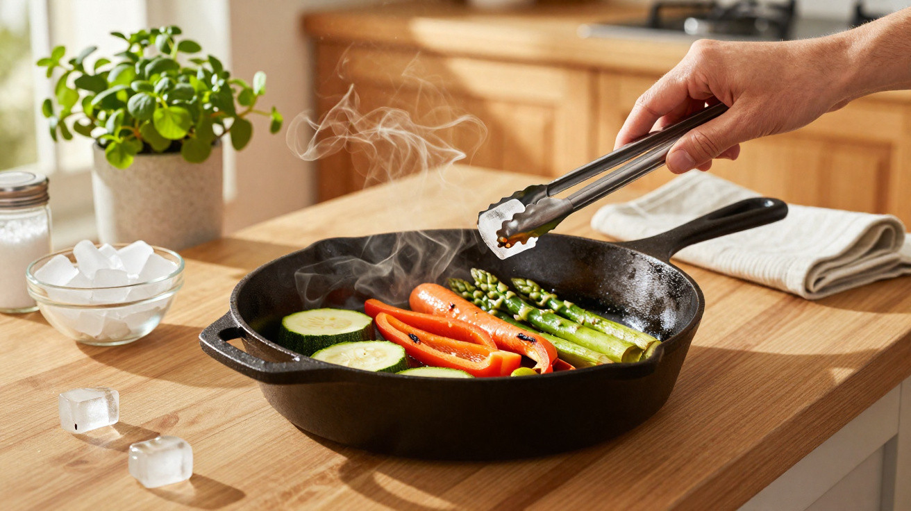Mão usando pegador para cozinhar legumes no fogão, com abobrinha, pimentão e aspargos na frigideira preta.