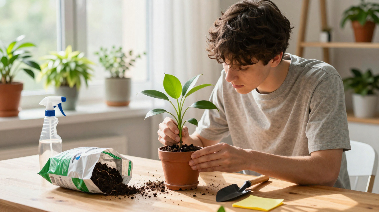 Jovem cuidando de planta em vaso, com terra e regador sobre mesa iluminada por luz natural.
