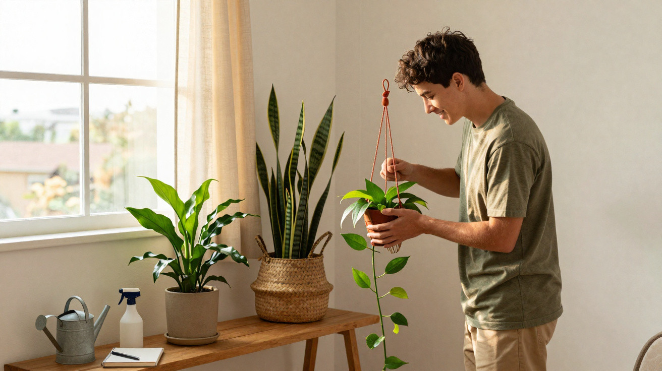 Homem cuidando de planta pendurada em sala iluminada com outras plantas sobre mesa de madeira.